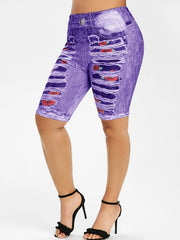 Rose & Denim Print Leggings Casual Sporty Skinny Stretchy Leggings