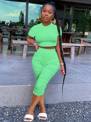 Casual 2pc Set Crew Neck Short Sleeve Crop T-shirt & High Waist Ruched Pants