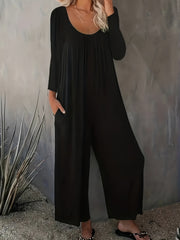 Solid Long Sleeve Wide Leg Jumpsuit With Pockets