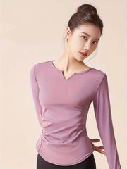 V Neck Yoga Long Sleeve Sports Top Thumb Hole Quick Dry Slimming Shirt