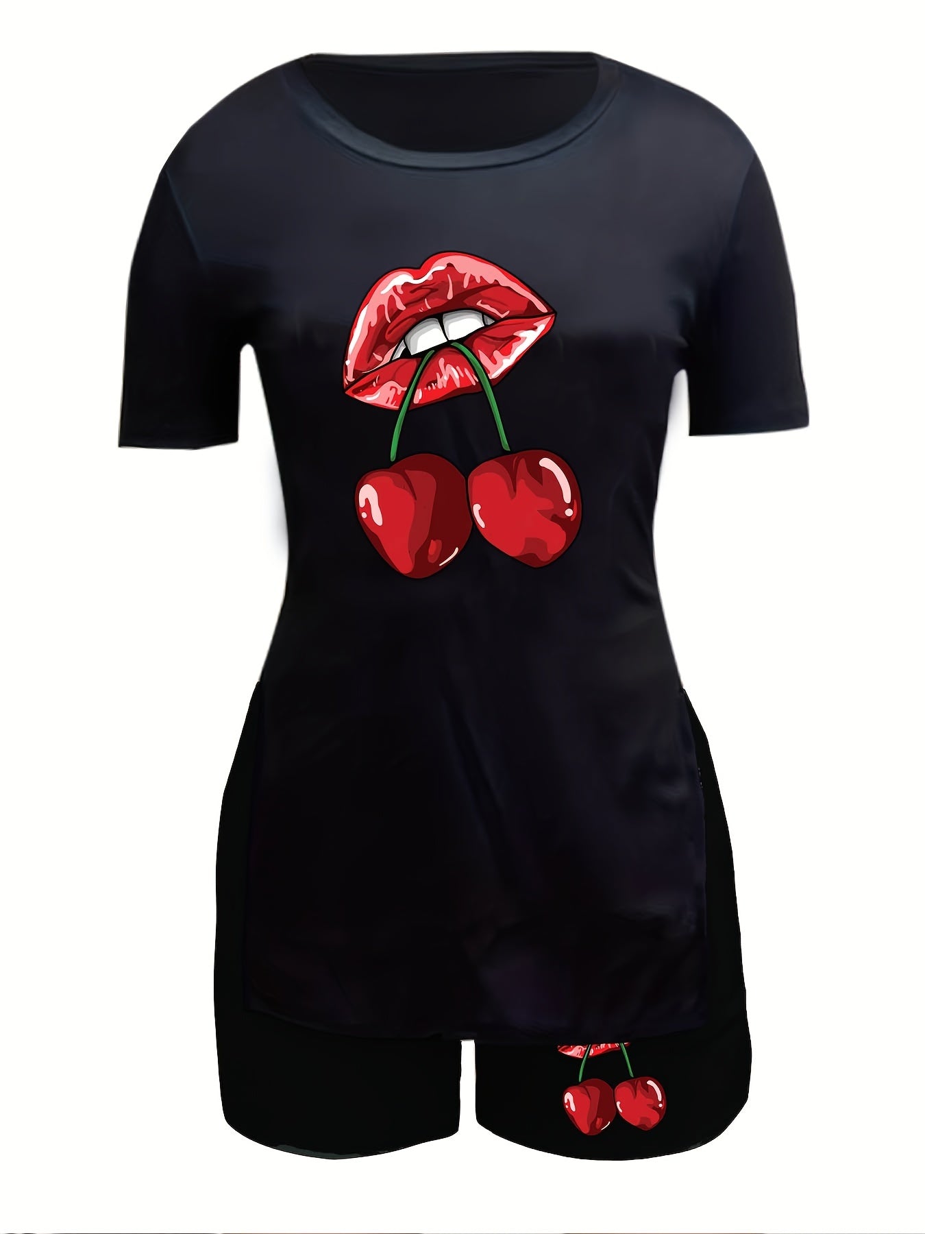 Cherry & Lip Print 2pc Set Split T shirt & Shorts
