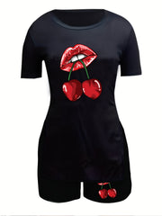 Cherry & Lip Print 2pc Set Split T shirt & Shorts