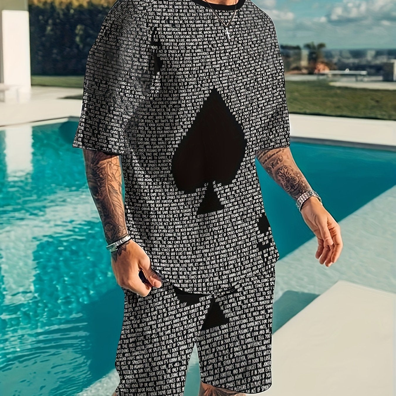 Men's 2 Piece Spade Pattern T-shirt & Shorts Set for Summer