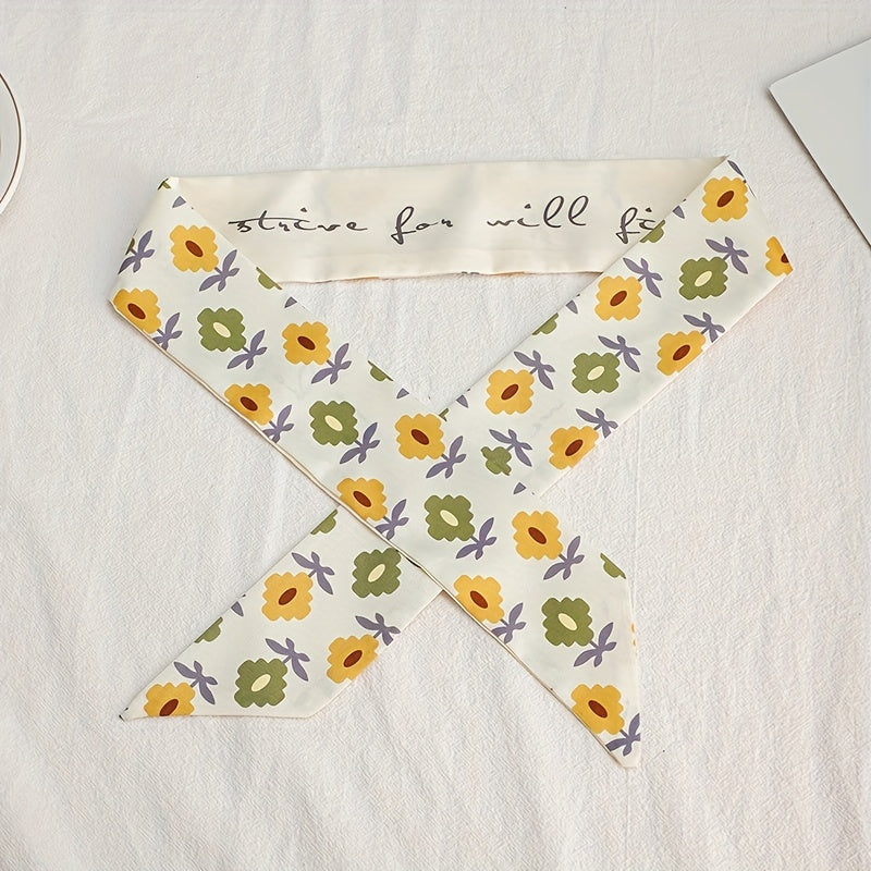 Beige Flower Print Skinny Scarf Long Ribbon Neckerchief