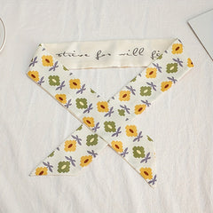 Beige Flower Print Skinny Scarf Long Ribbon Neckerchief