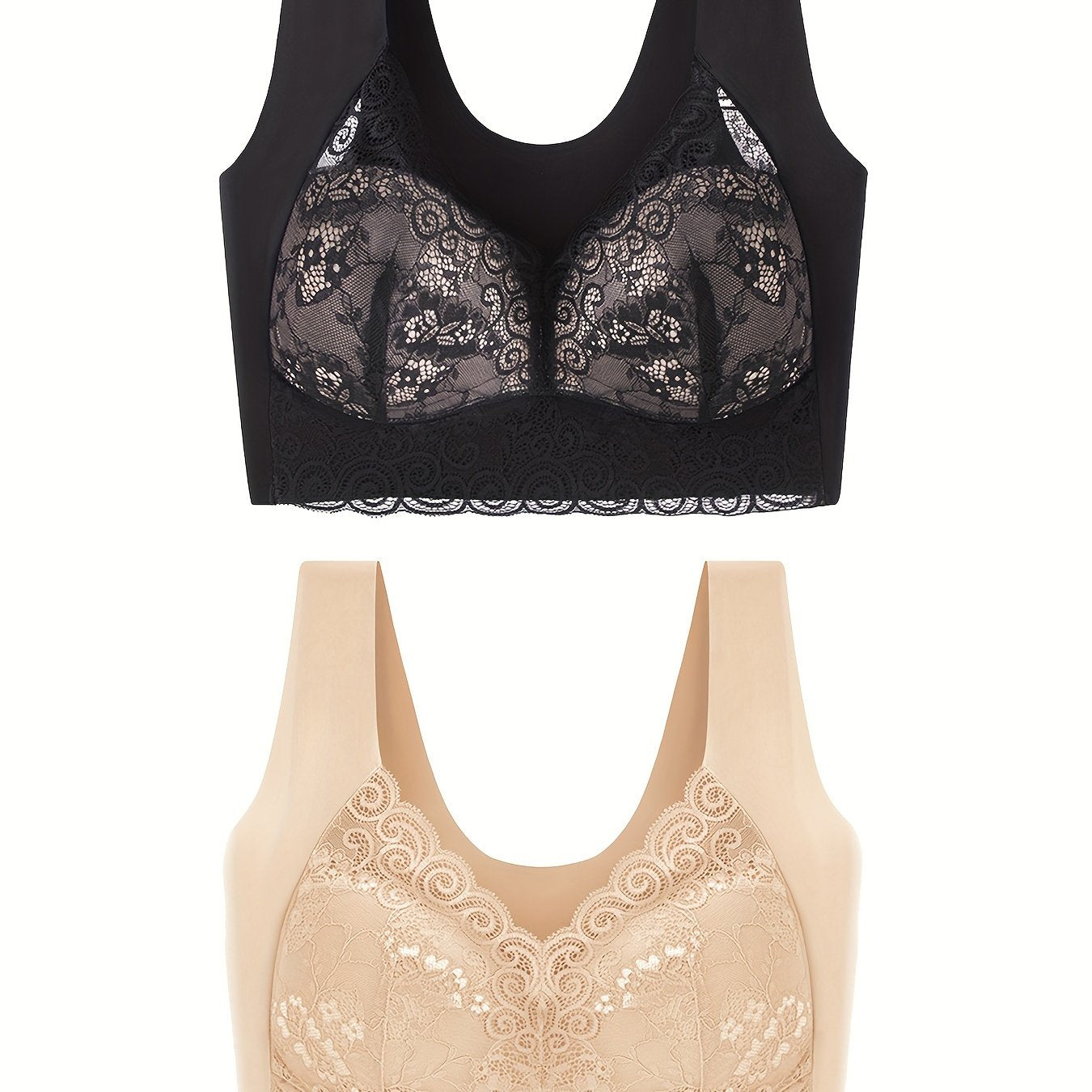 Lace Decor Sports Bra V Neck Yoga Workout Bra 2pcs