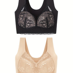 Lace Decor Sports Bra V Neck Yoga Workout Bra 2pcs
