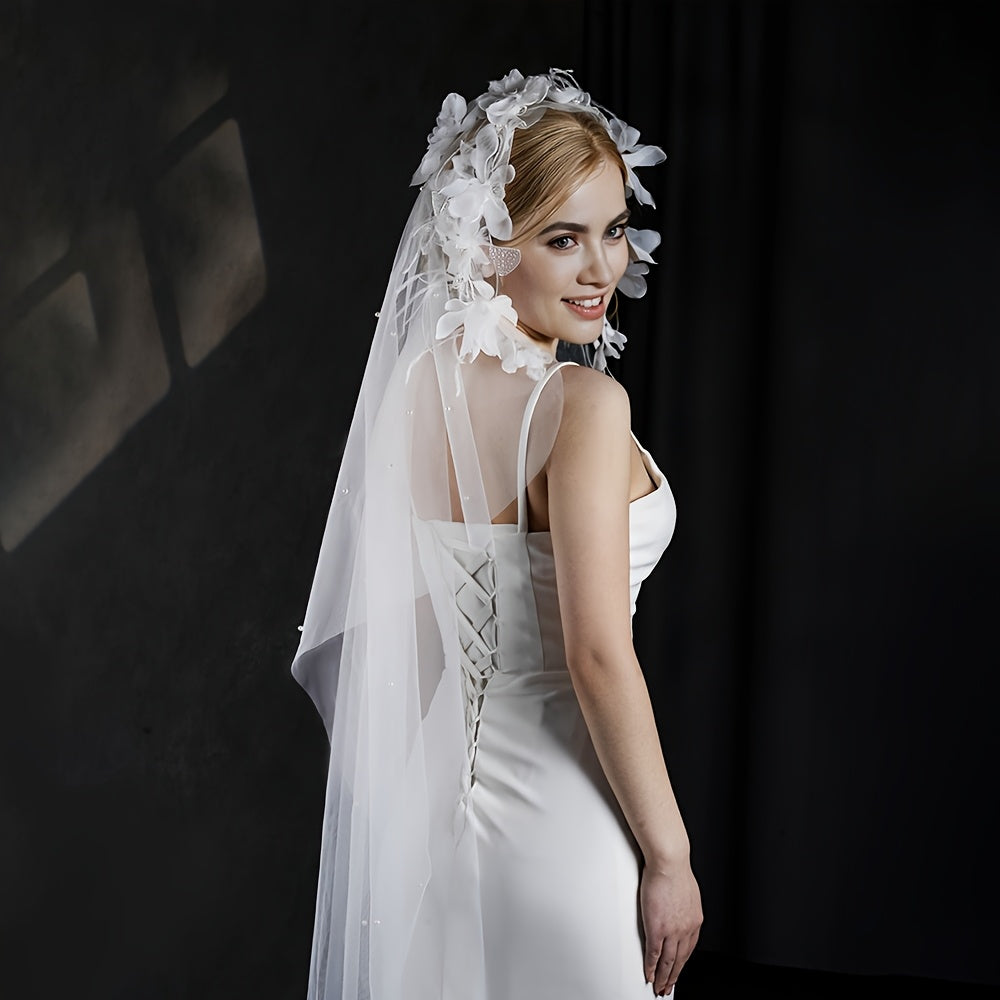 Bridal Veil Wedding Headpiece with Trail for Brides Proms Photo Shoots Wedding A