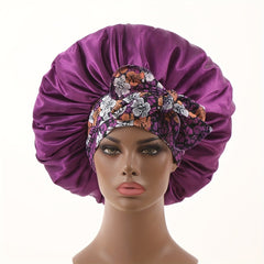 Satin Bonnet Flower Printed Lace Up Wide Headband Hair Bonnet