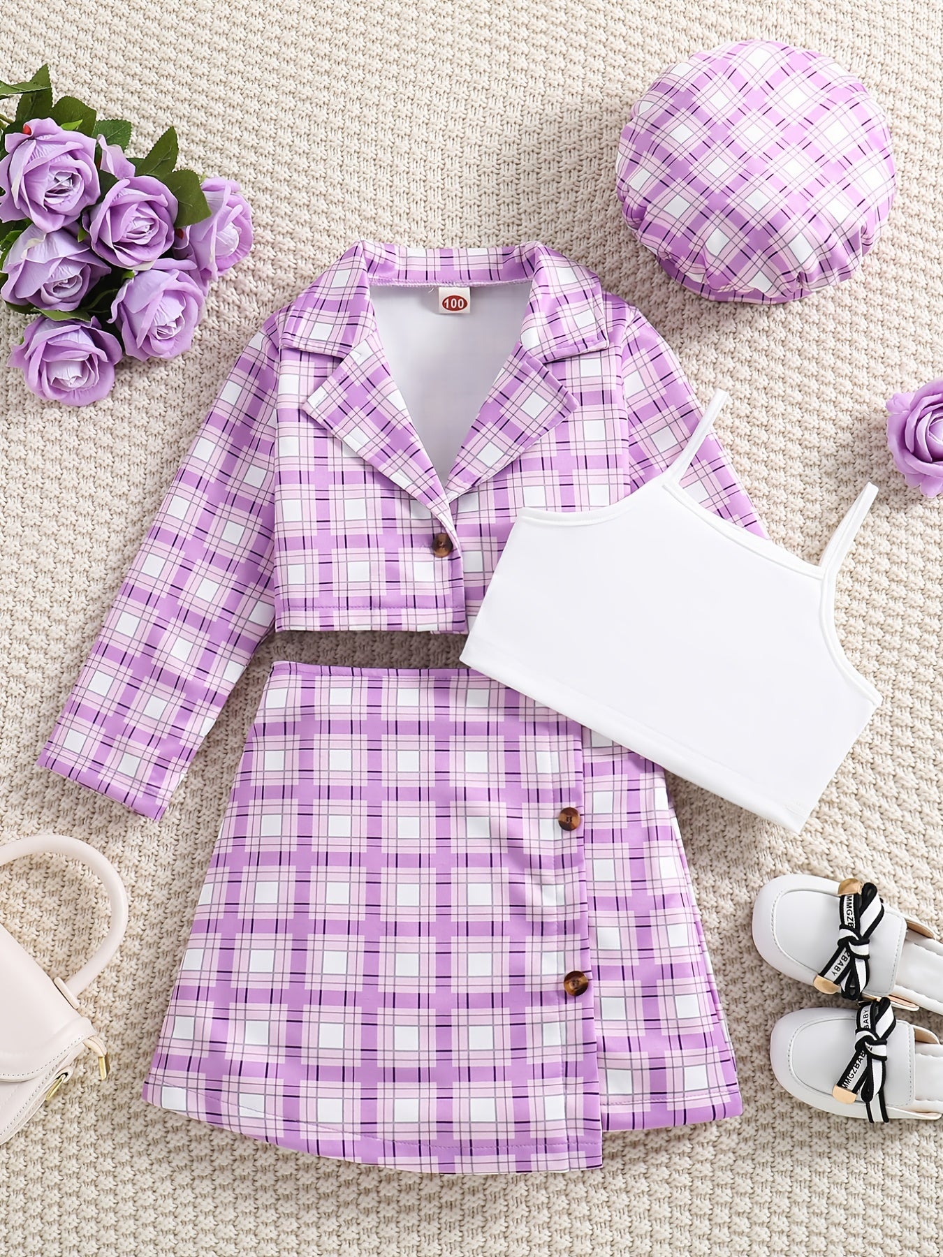 Girl's 4pcs Plaid Blazer & Beret Hat Set