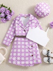 Girl's 4pcs Plaid Blazer & Beret Hat Set
