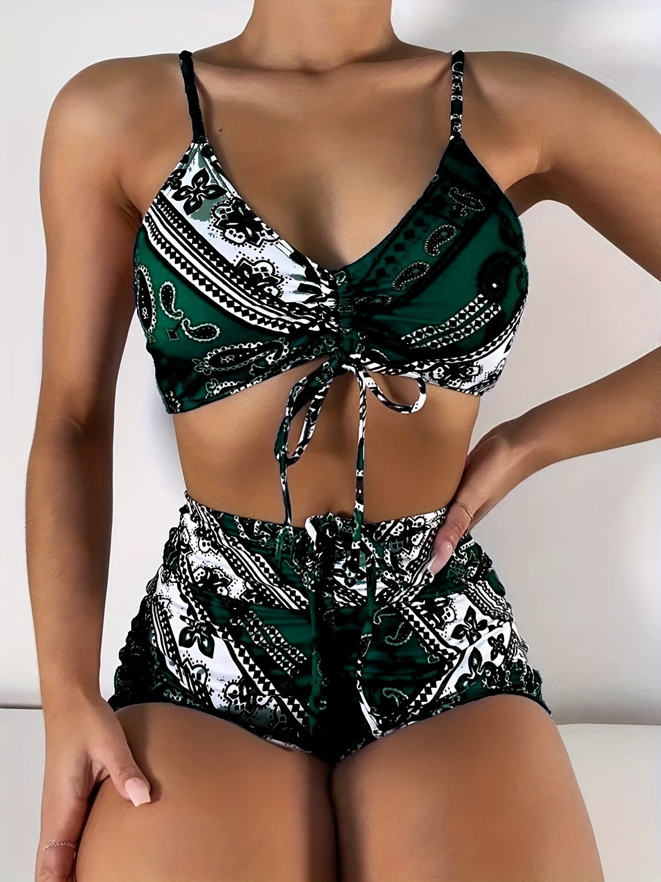 Print V Neck Bikini Sets Tie Front Boxer Short Bottoms Two Pieces Swimsuit