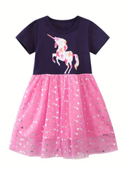 Baby Girls Unicorn Graphic Print Short Sleeve Mesh Dress