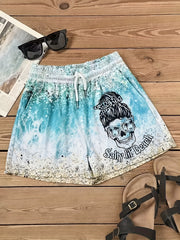 Skull & Letter Print Drawstring Shorts Casual Shorts for Women