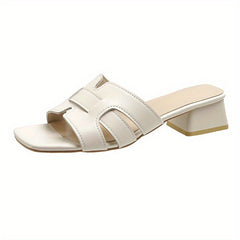 Low Heeled Sandals Square Open Toe Slip On Chunky Heeled Slide Sandals