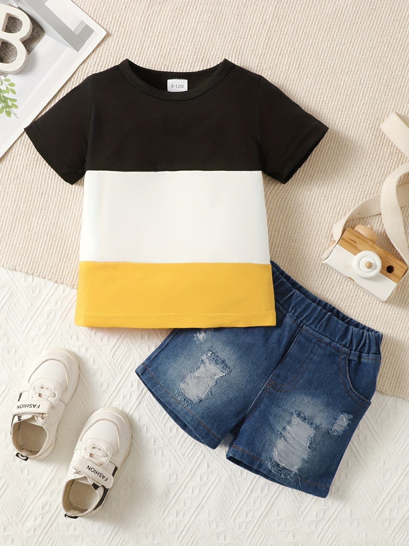 3 Stitching T shirt Ripped Jeans Outfit Baby Boys Casual 2pcs Set