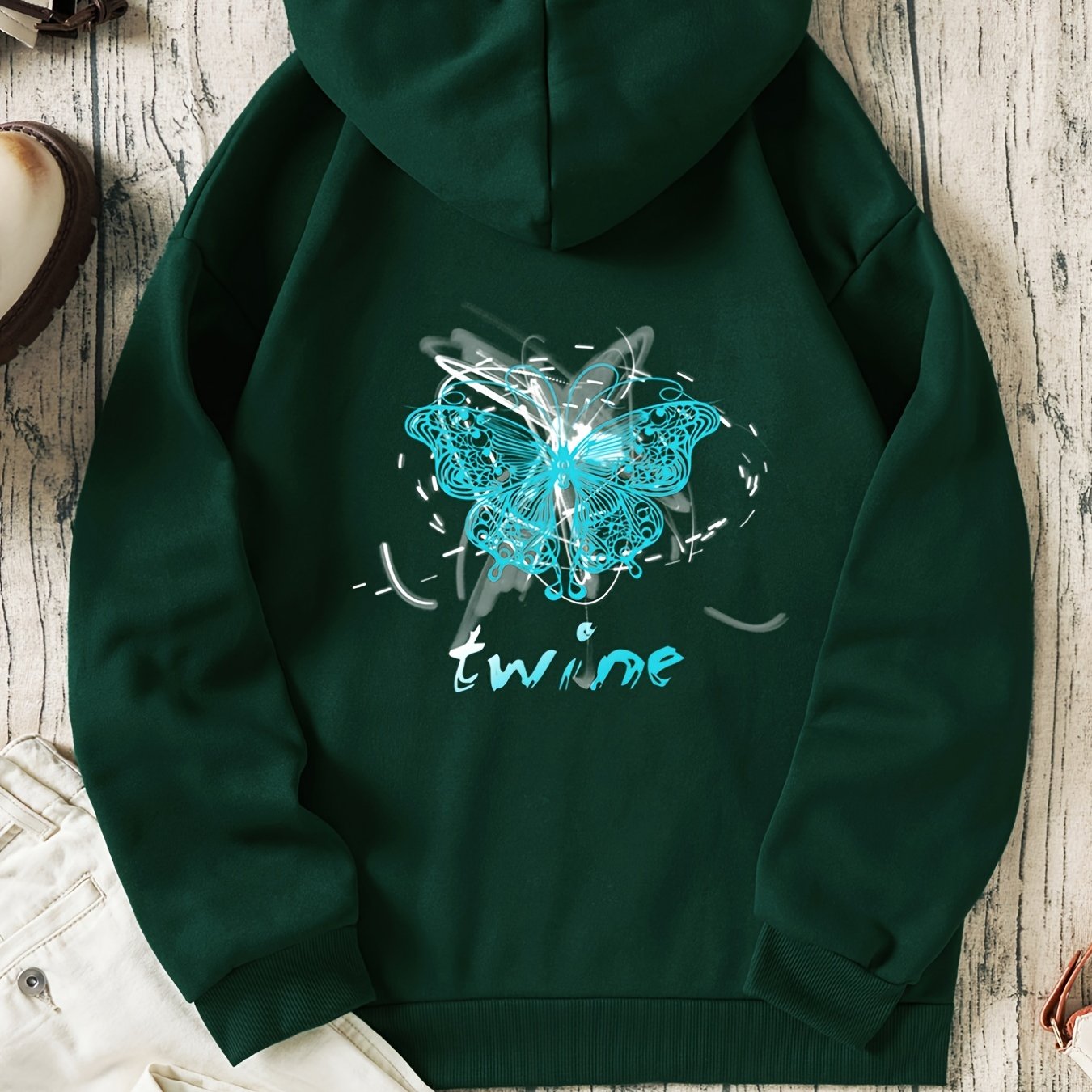 Butterfly & Letter Print Hooded Shirt Casual Sweatshirt