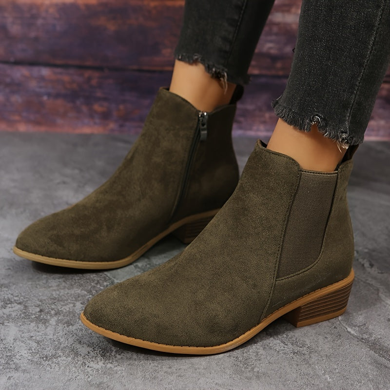 Solid Short Tube Point Toe Faux Leather Zipper Chunky Heel Casual Boots