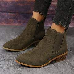 Solid Short Tube Point Toe Faux Leather Zipper Chunky Heel Casual Boots