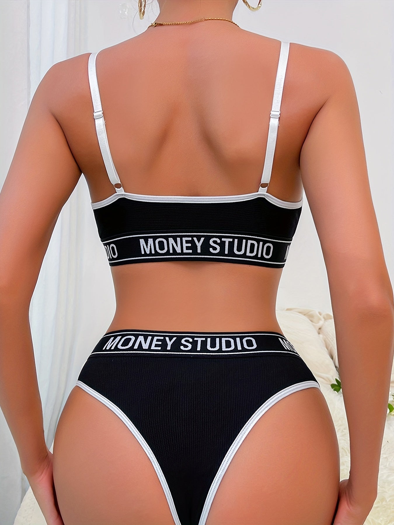 Letter Print Ribbed Bra & Panties Set Women's Lingerie