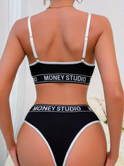 Letter Print Ribbed Bra & Panties Set Women's Lingerie