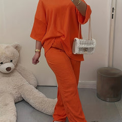 Solid Long Sleeve Top & Pants Set Plus Size Casual Outfit 2 Pcs Set