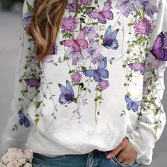 Butterfly Print Sweatshirt Crew Neck Long Sleeve Women's Clothing