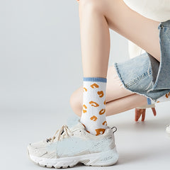 6 Pairs Cartoon College Style Socks Ribbed Mid Tube Stockings