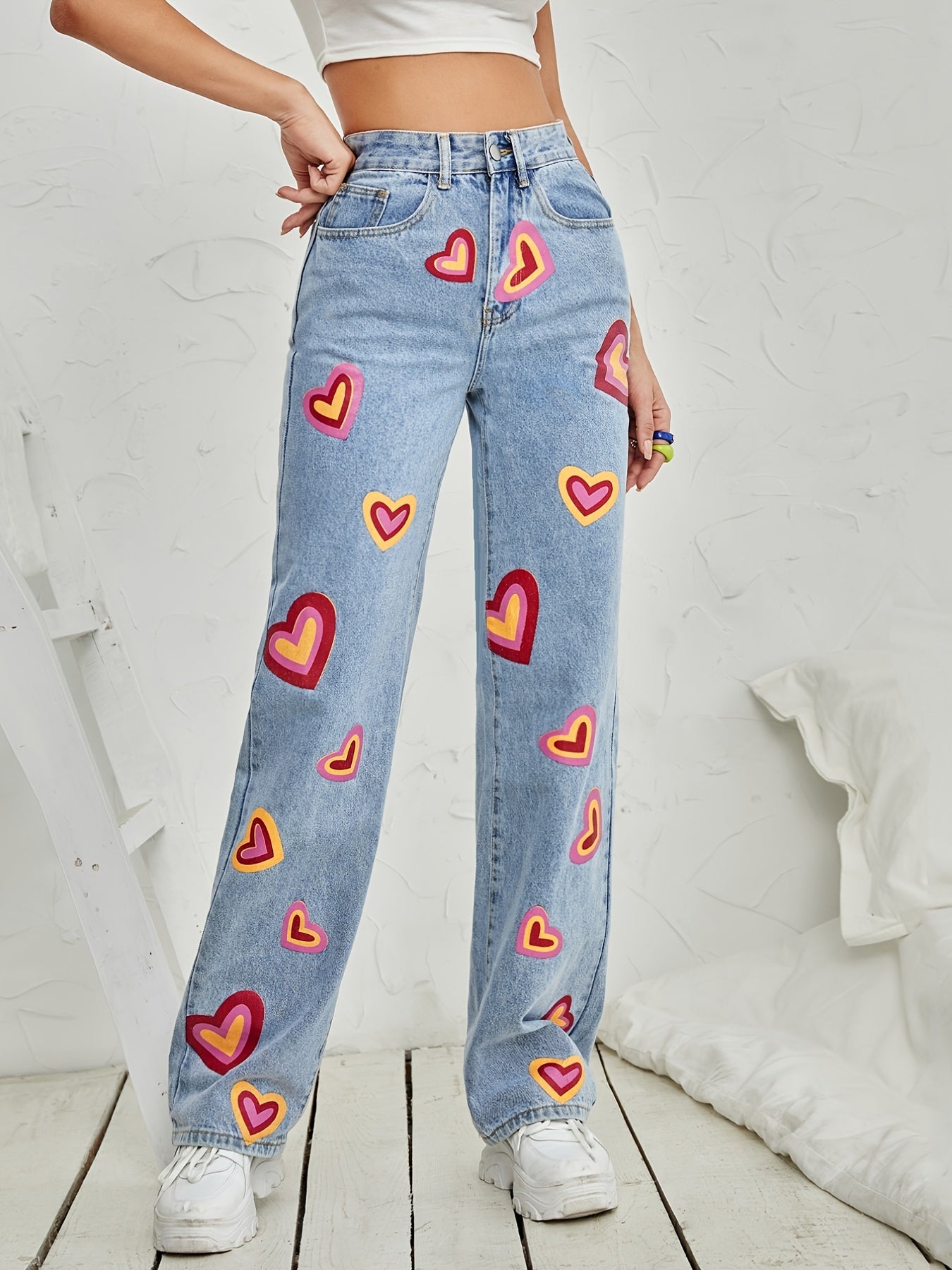 Heart Pattern High Waist Straight Jeans Slash Pockets Denim Pants