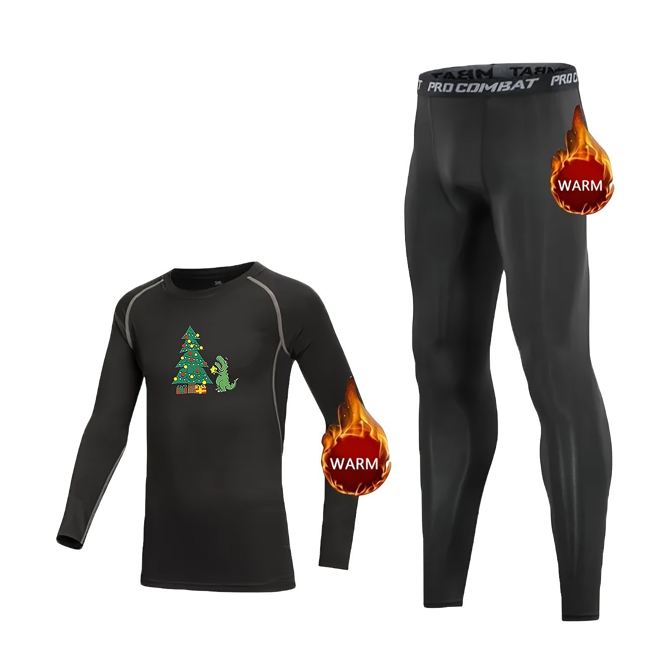 2pcs Kids Fleece Compression Sets Christmas Dinosaur Print