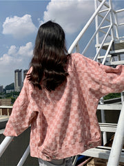 Pink Checkerboard Lapel Denim Jackets Long Sleeves Drop Shoulder Denim Coats