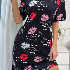 Lips & Letter Print NightDress Short Sleeve