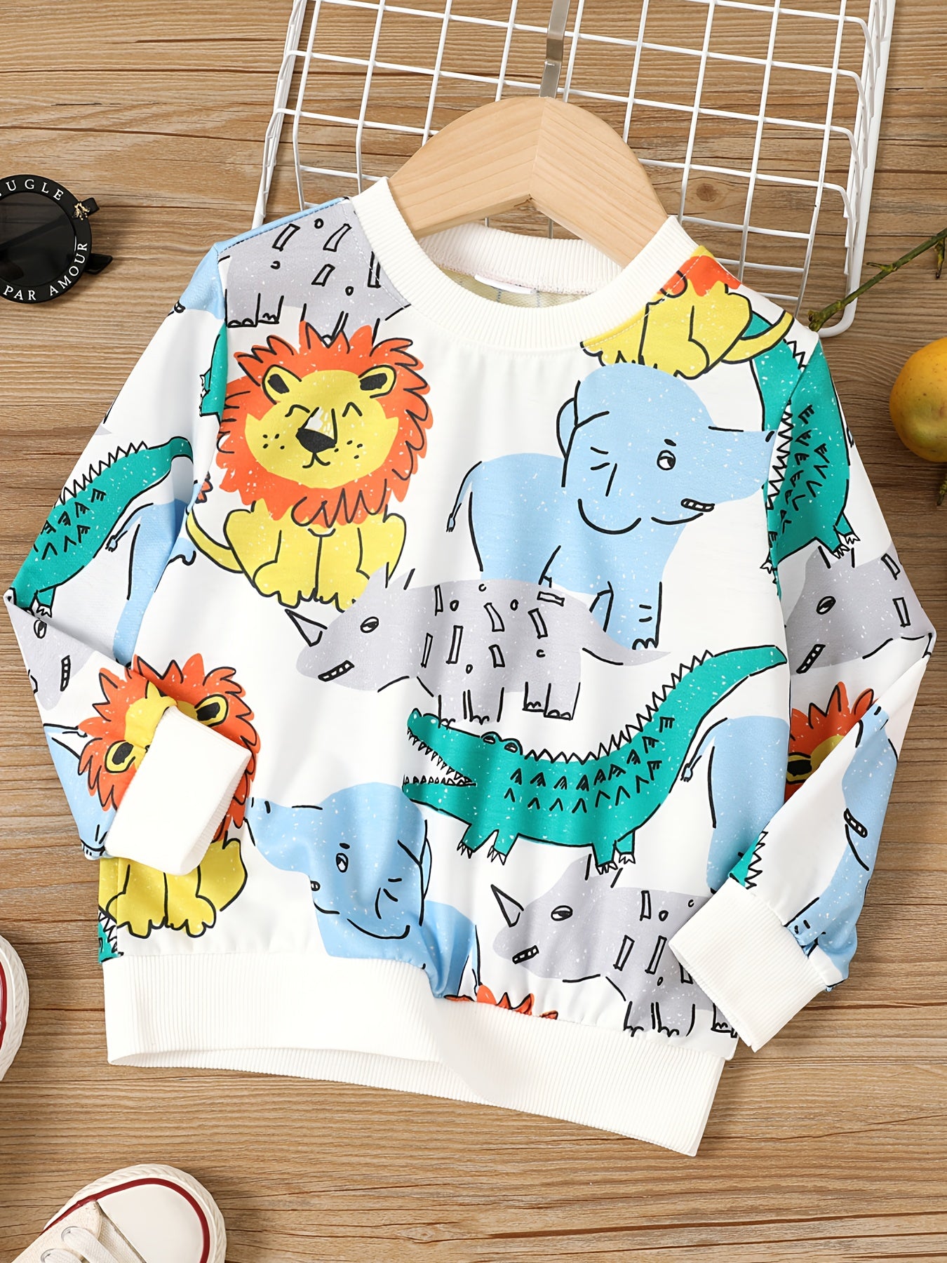 Lion Print Boys Pullover Sweatshirt Long Sleeve Crew Neck Tops