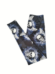 Winged Skull Print Skinny Leggings Casual Stretchy Women's Leggings