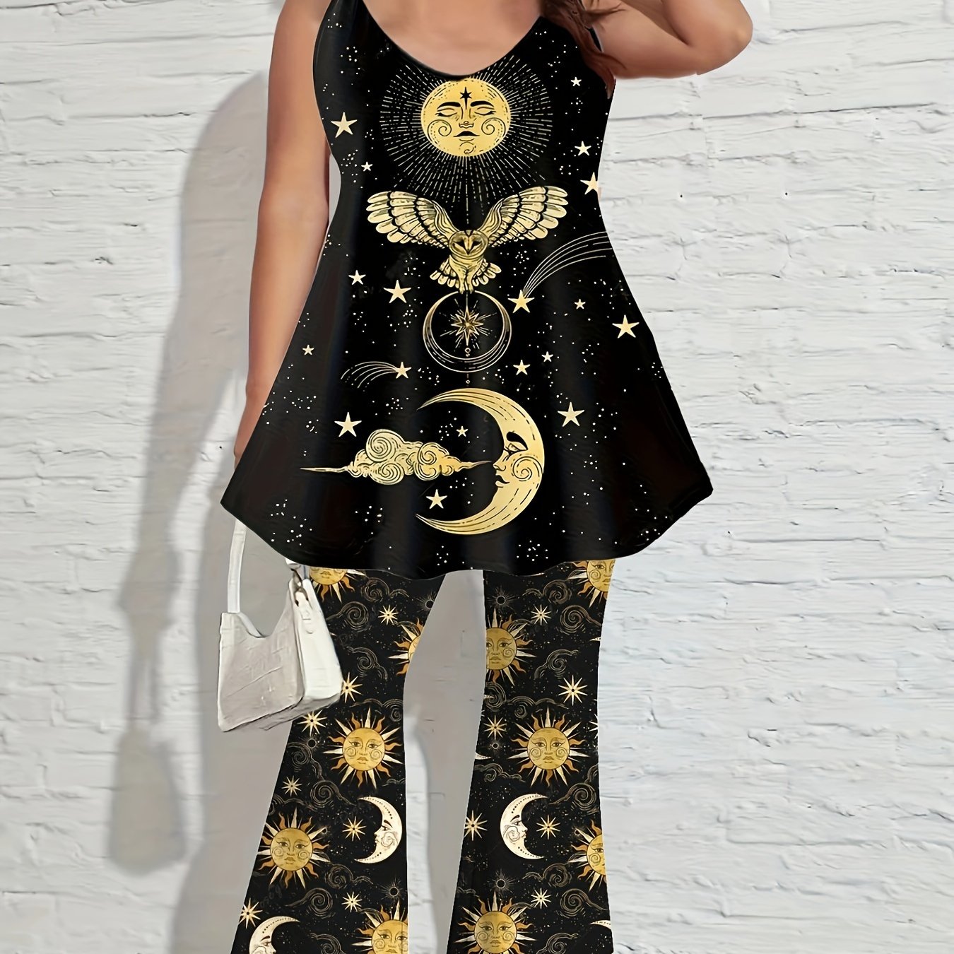 Sun & Moon Print Cami Top & Flared Leg Pants Set