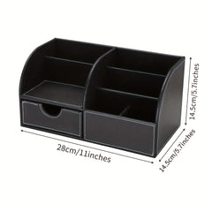 PU Half Leather Desktop Storage Pen Holder with Drawer