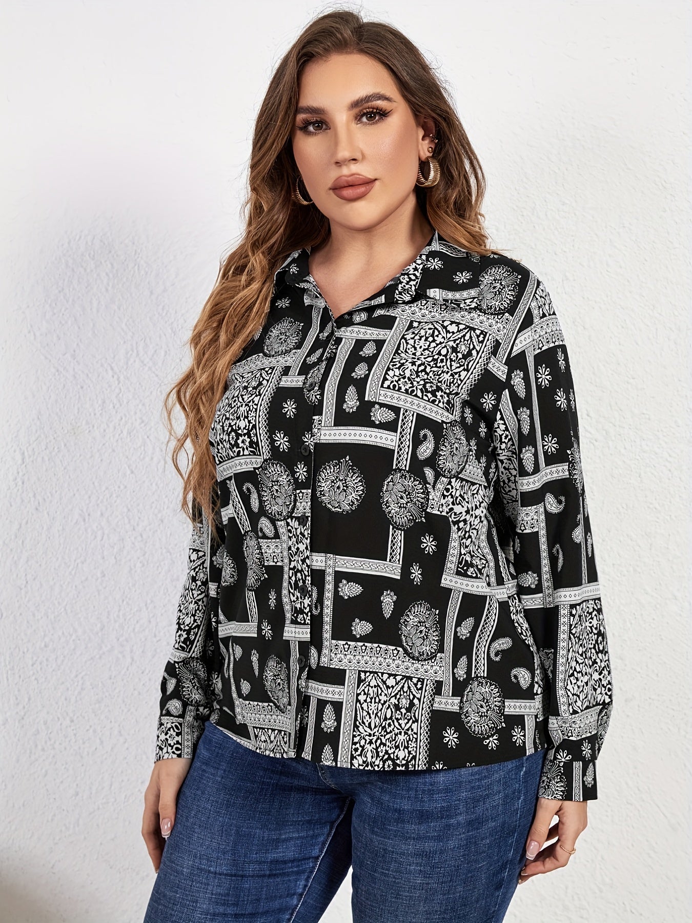 Boho Blouse Women's Plus Paisley & Scarf Print Long Sleeve