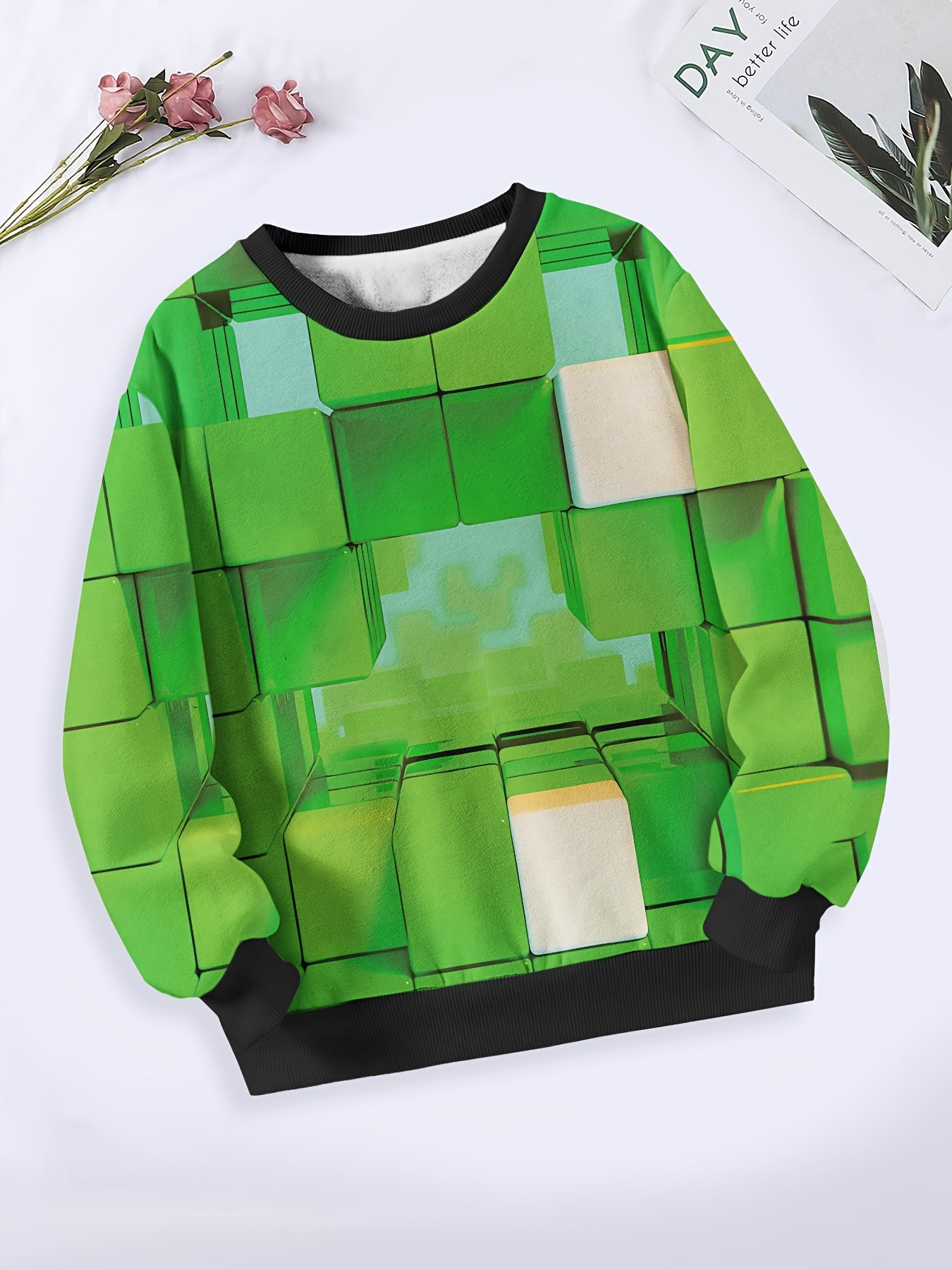 Cartoon Cube Pattern Long Sleeve Crew Neck Sweatshirt