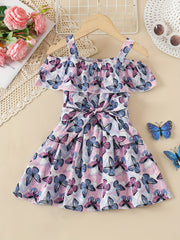 Toddler Girls Butterfly Graphic Princess Dress Cold Shoulder Ruffle Trim Belted