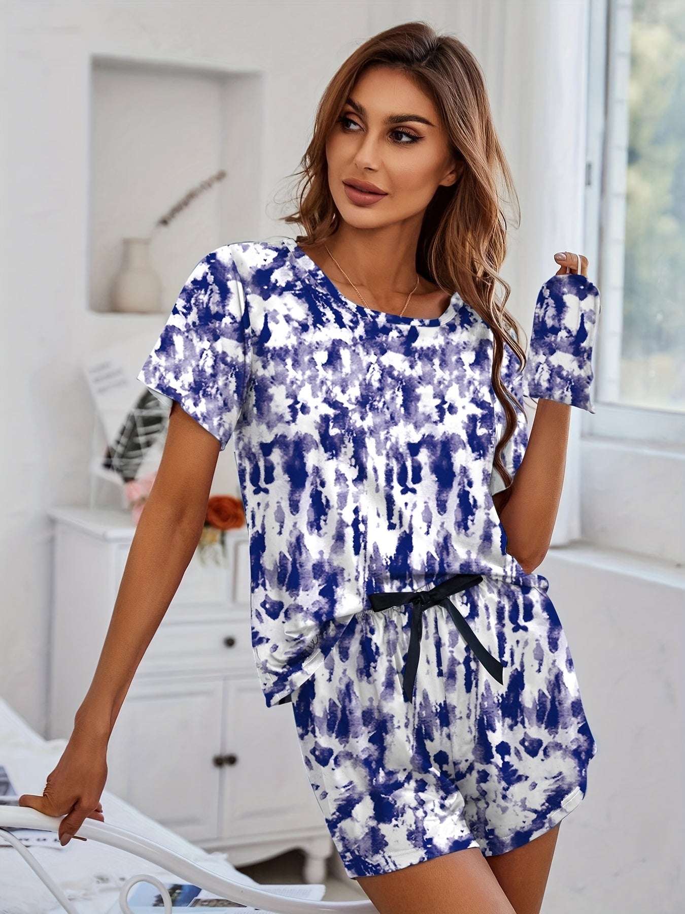 Tie Dye Pajama Set Crew Neck Top & Shorts Women's Sleepwear