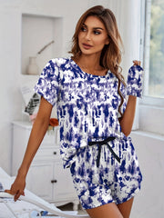 Tie Dye Pajama Set Crew Neck Top & Shorts Women's Sleepwear