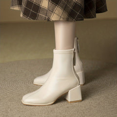 Women's Chunky Heel Boots Solid Square Toe Back Zipper Casual Shoes