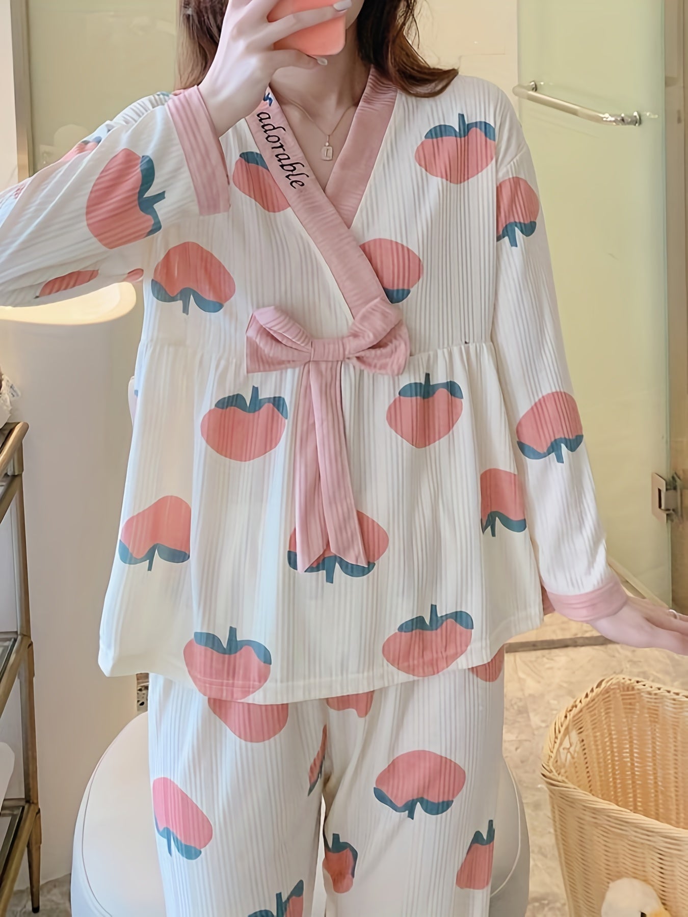 Peach Pattern Pajama Set Long Sleeve Top & Pants Women's Sleepwear