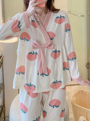 Peach Pattern Pajama Set Long Sleeve Top & Pants Women's Sleepwear