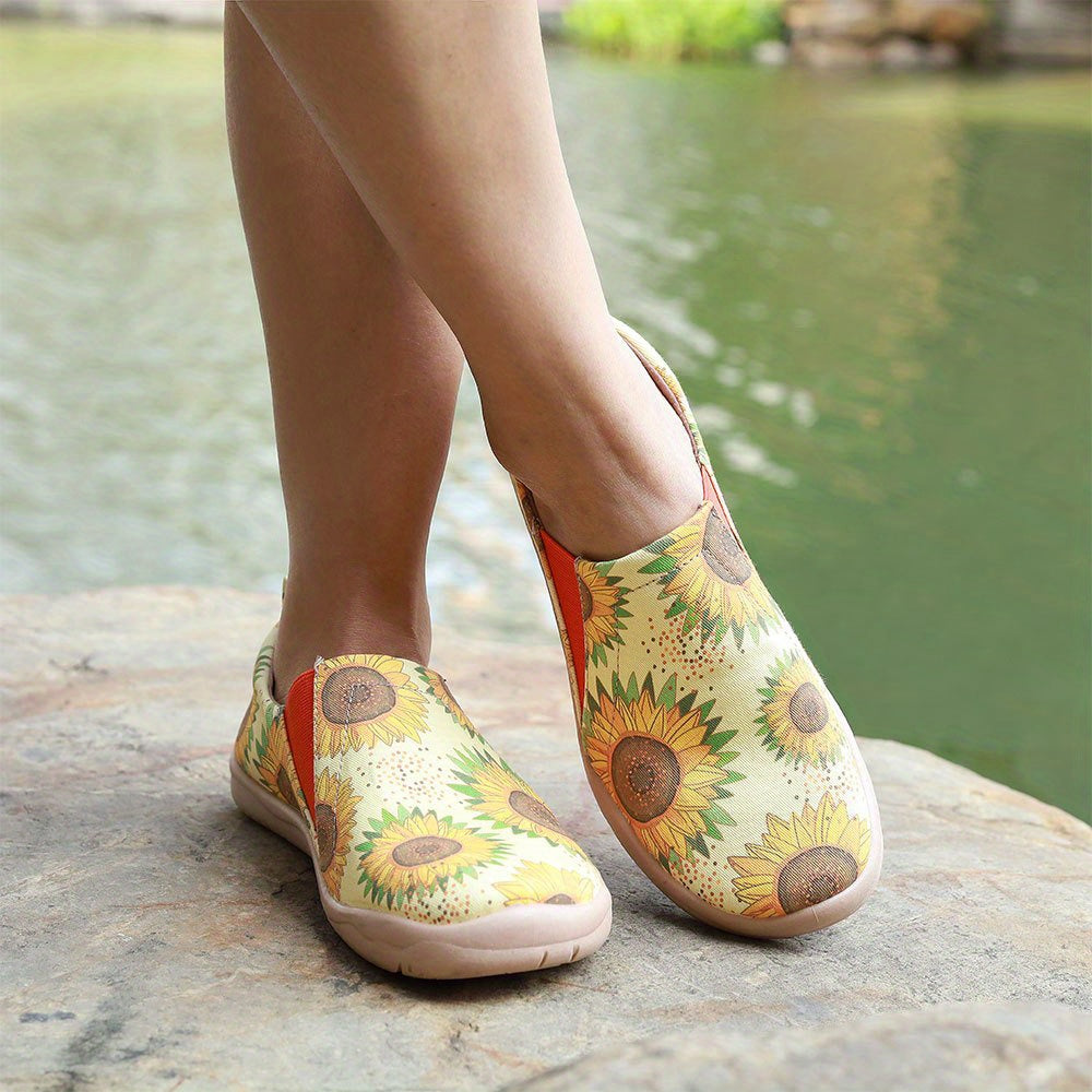 Women's Sunflower Print Flat Shoes Slip On Canvas Outdoor Travel Shoes
