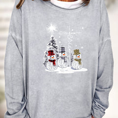 Christmas Snowman Print Sweatshirt Crew Neck Women's Clothing