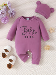 2pcs Newborn Baby Romper Long Sleeve Jumpsuit & Bear Ear Hat Set