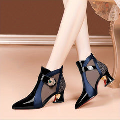 Rhinestone Chunky Heel Mesh Short Boots Pointed Toe Pumps