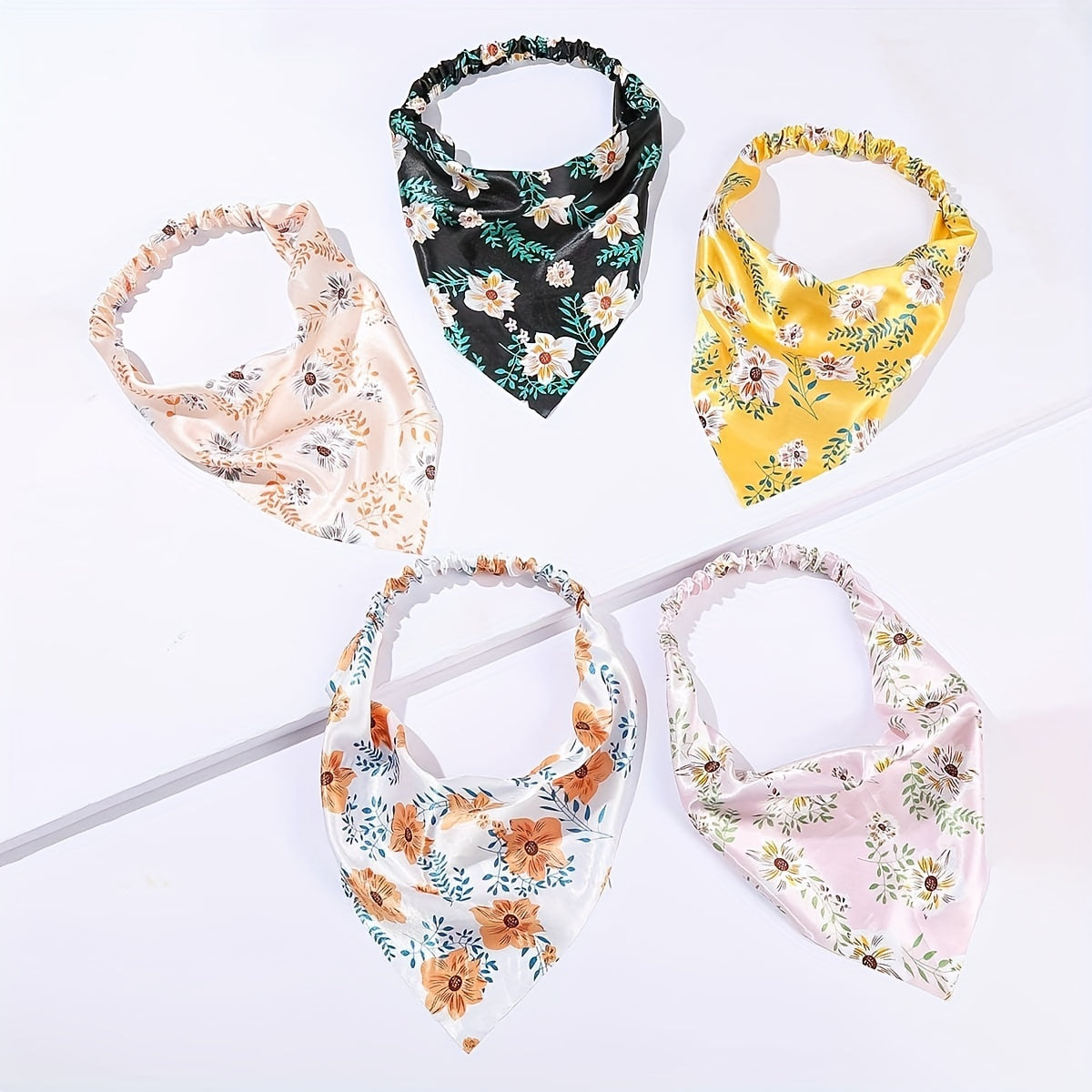 5pcs Flower Print Bandanas Elastic Triangle Scarf Headband Boho Kerchief