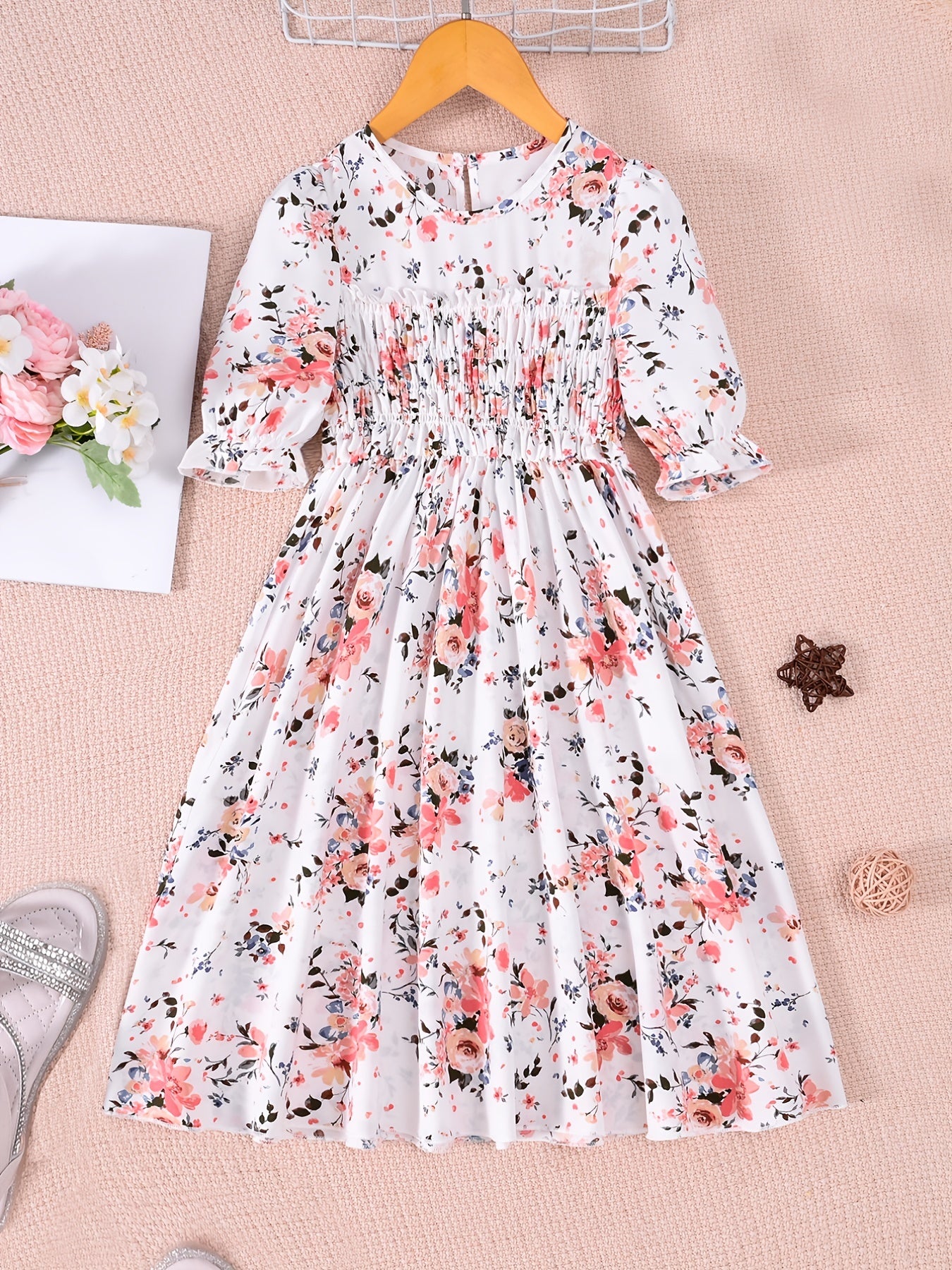 Girls Puff Sleeve Floral Dress For Party Kids Summer Clothes